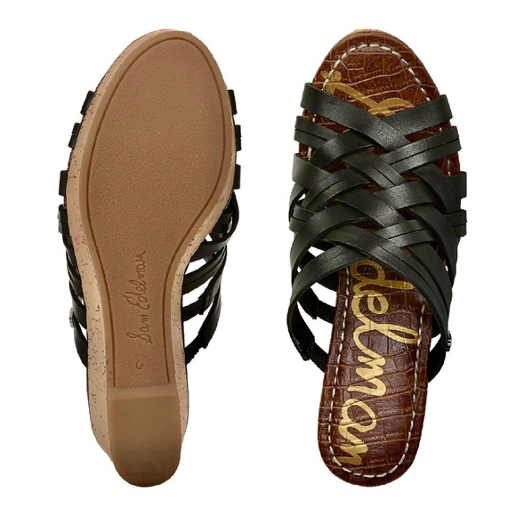 Sam Edelman Devon Wedge Leather Sandal Black 9 - Picture 6 of 7